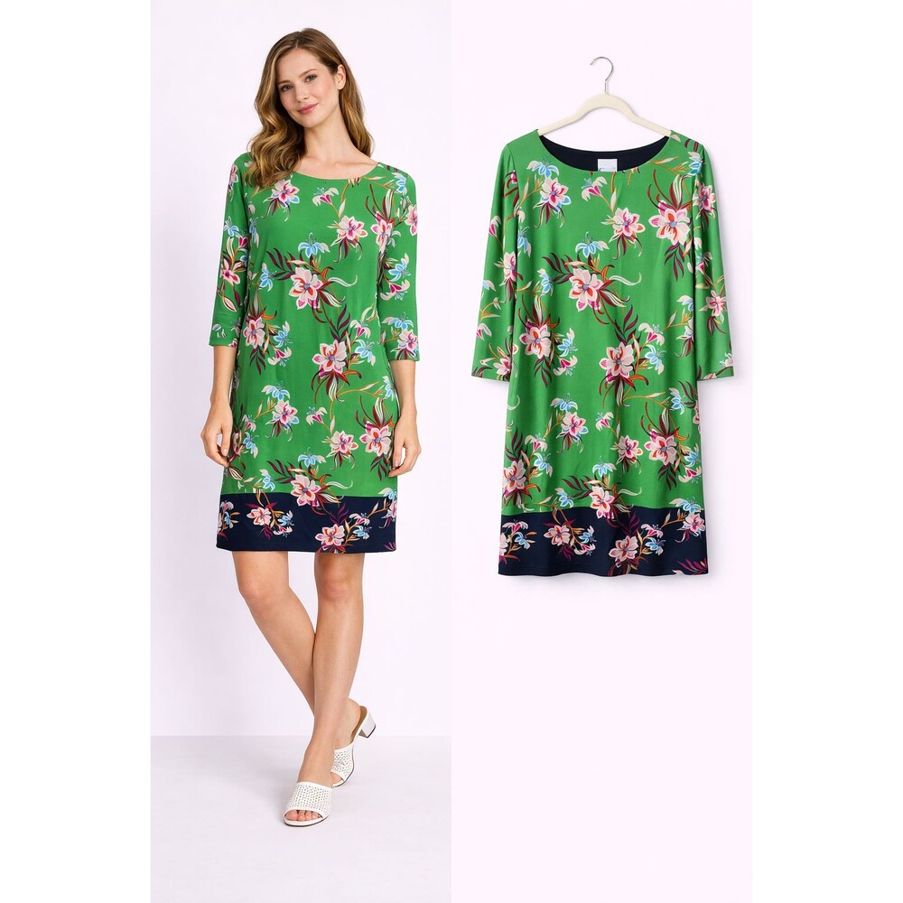 Chicos Border Print Shift Dress Size Small Green Floral 3/4 Sleeve Stretch